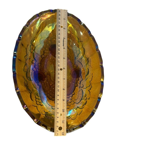 Vintage Indiana Amber Carnival Glass Footed Bowl - Fruit Pattern - Picture 8 of 10